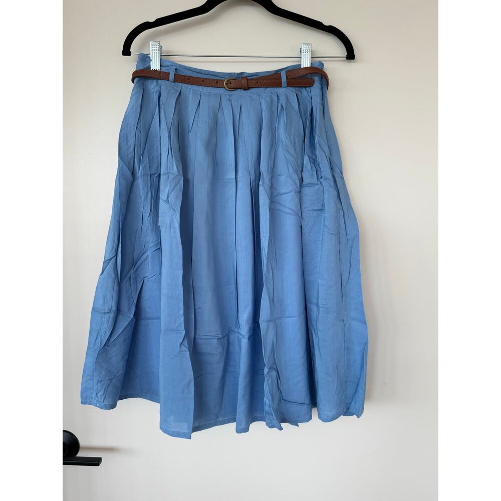 Tulip B Blue Pleated Midi Skirt Belt Pockets Lined Size Medium NEW - Picture 4 of 9
